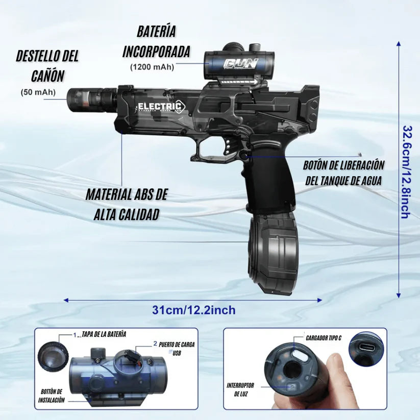 Blaster Eléctrico de Agua 🔫💦 – diversión sin límites gracias a su batería recargable.